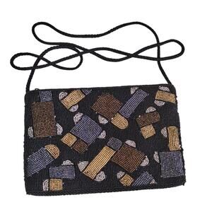 Vintage Andre Cellini geometric neutral black beaded crossbody purse clutch